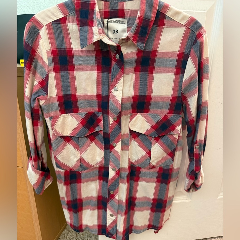 Women’s Red, White and Blue Plaid Shirt